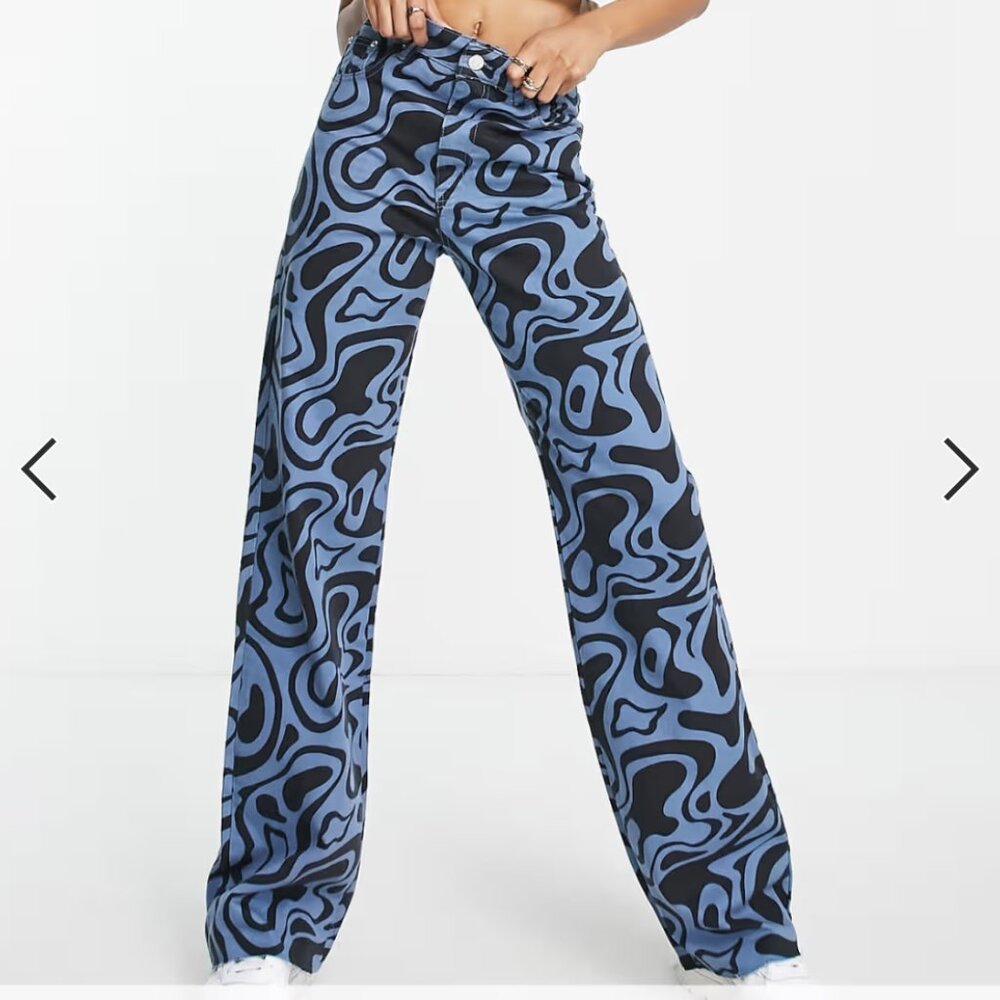 Stradivarius Printed Blue Retro Print Dad Jeans Sz 6 Tall